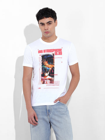 Men's White Slim Fit Printed Round Neck T-shirt