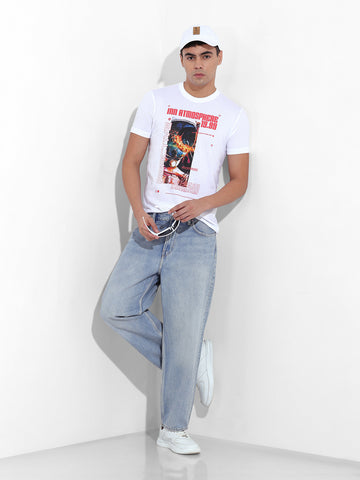 Men's White Slim Fit Printed Round Neck T-shirt