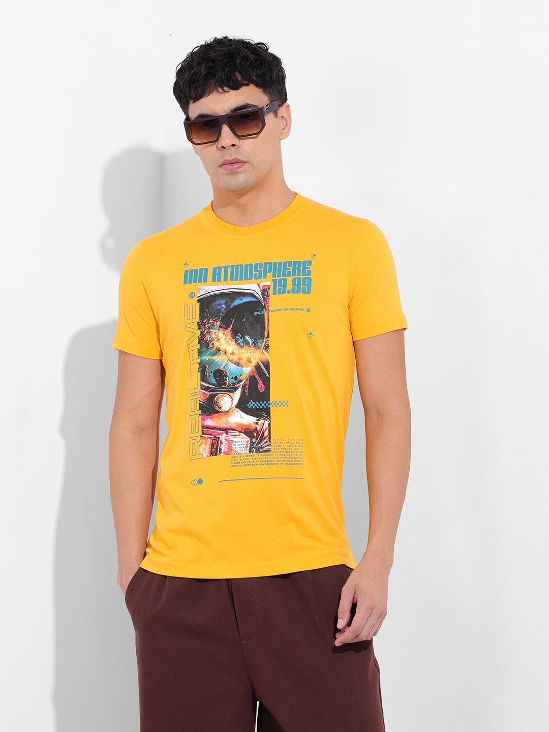 Men's Yellow Slim Fit Printed Round Neck T-shirt