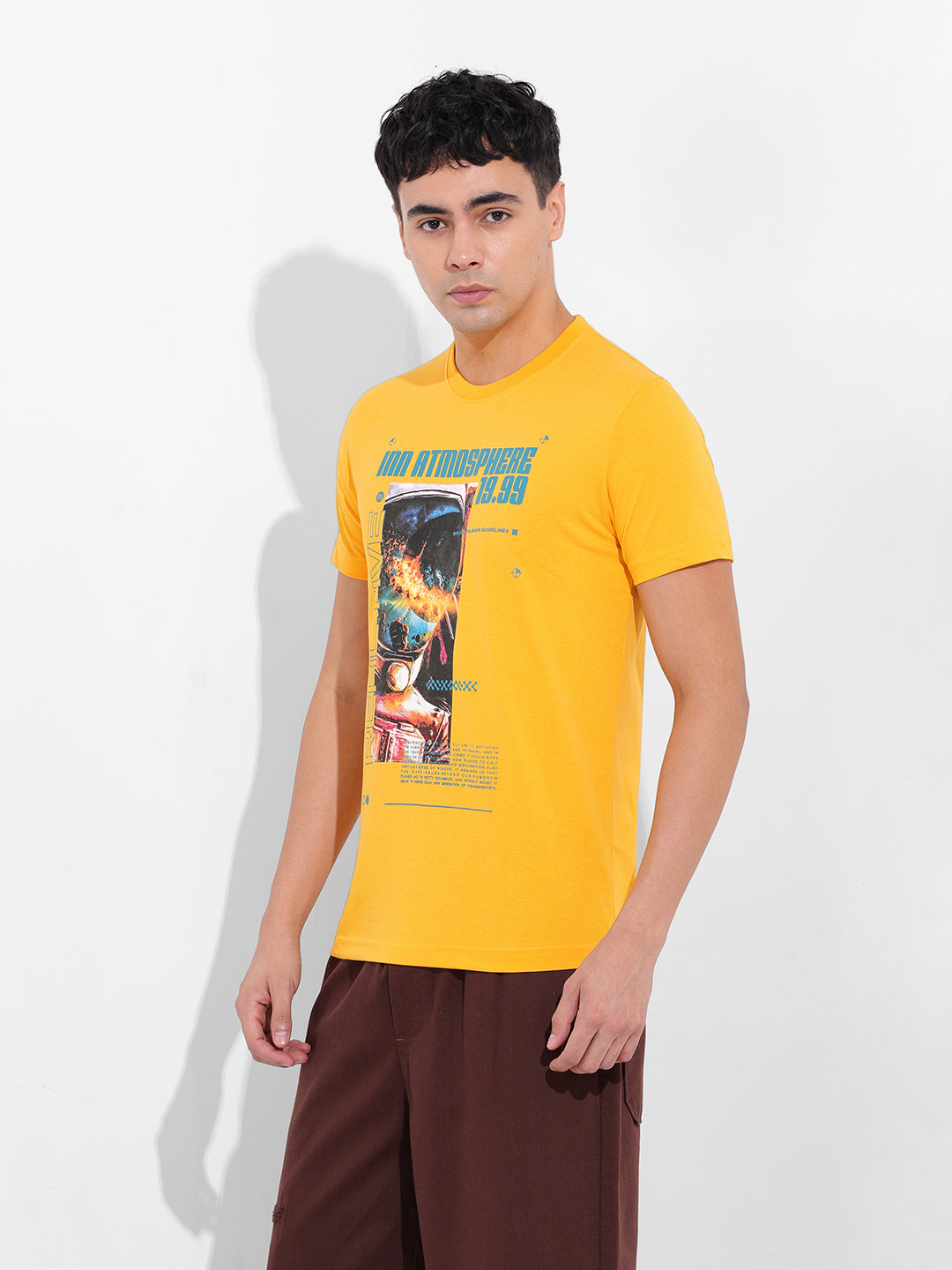 Men's Yellow Slim Fit Printed Round Neck T-shirt