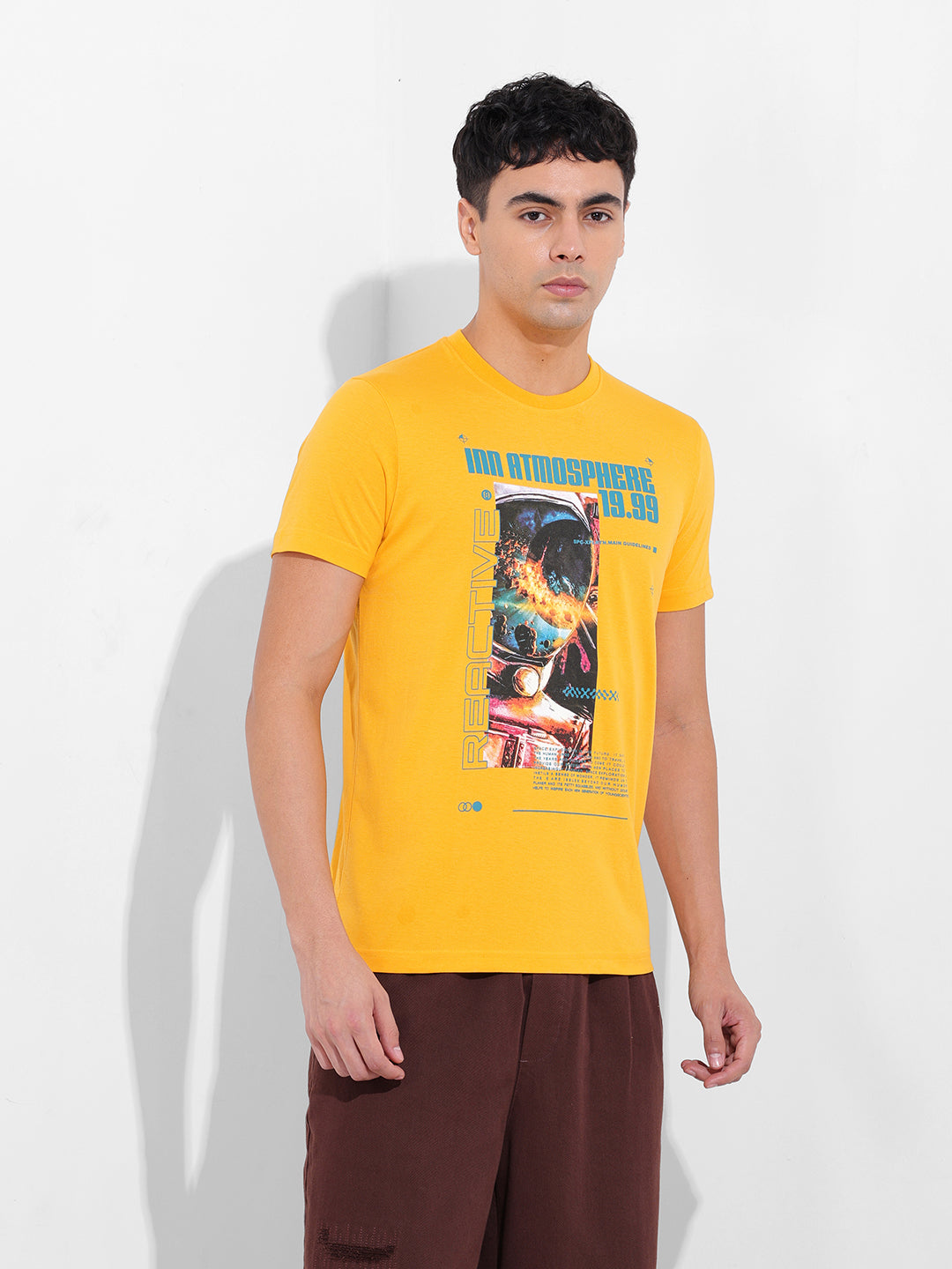 Men's Yellow Slim Fit Printed Round Neck T-shirt