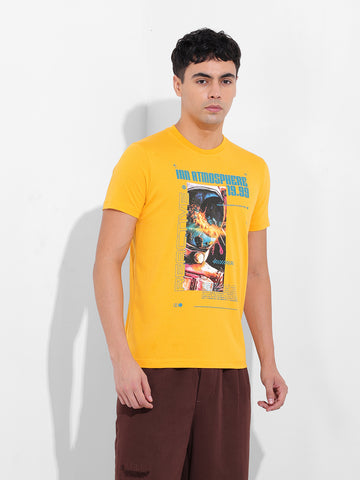 Men's Yellow Slim Fit Printed Round Neck T-shirt