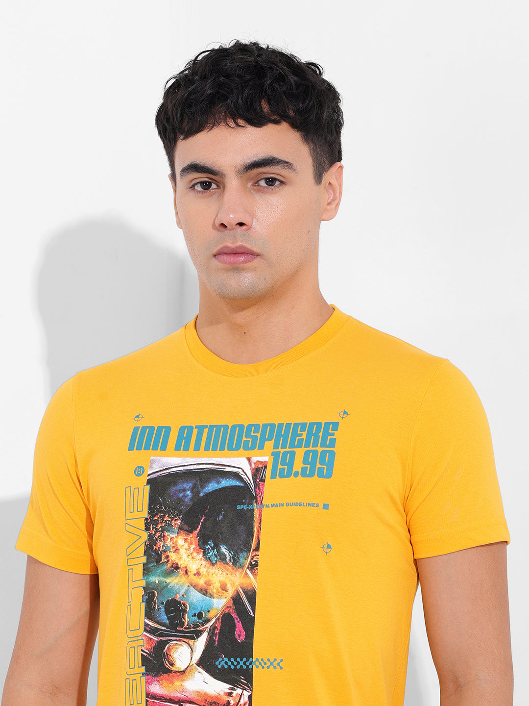 Men's Yellow Slim Fit Printed Round Neck T-shirt