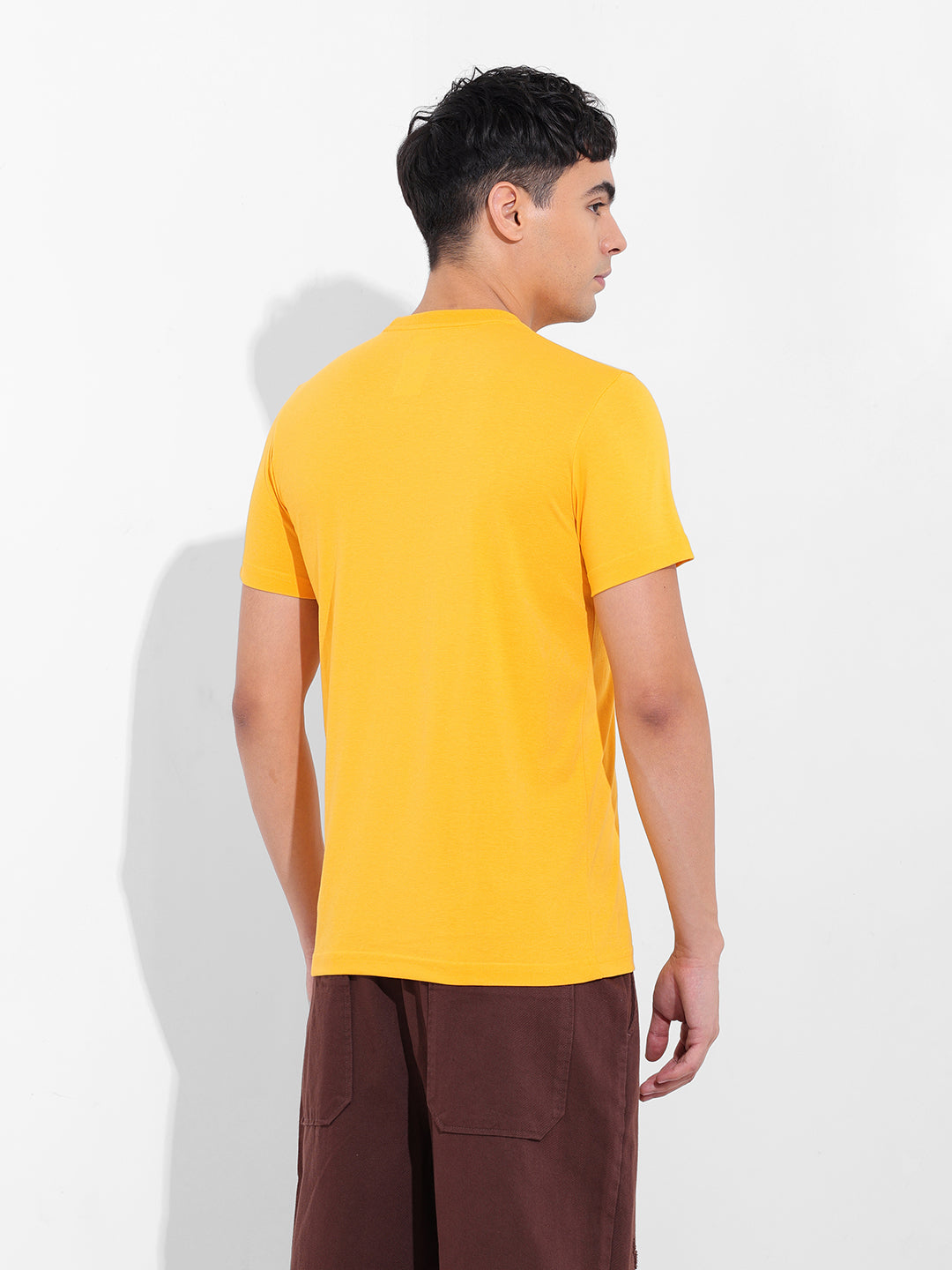 Men's Yellow Slim Fit Printed Round Neck T-shirt