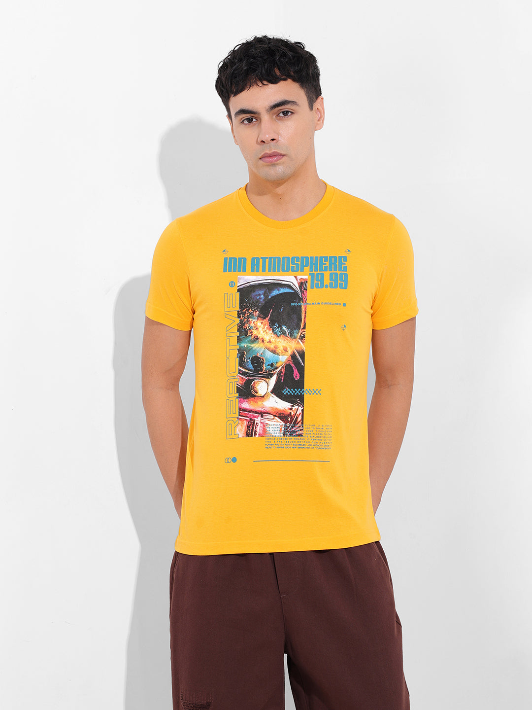 Men's Yellow Slim Fit Printed Round Neck T-shirt