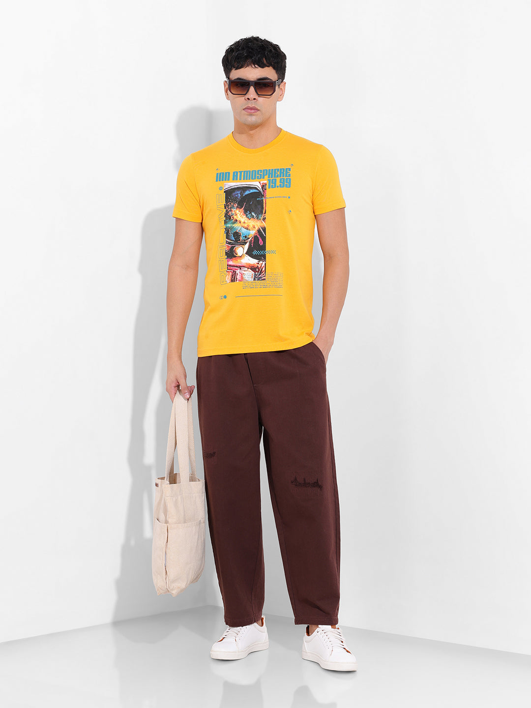 Men's Yellow Slim Fit Printed Round Neck T-shirt