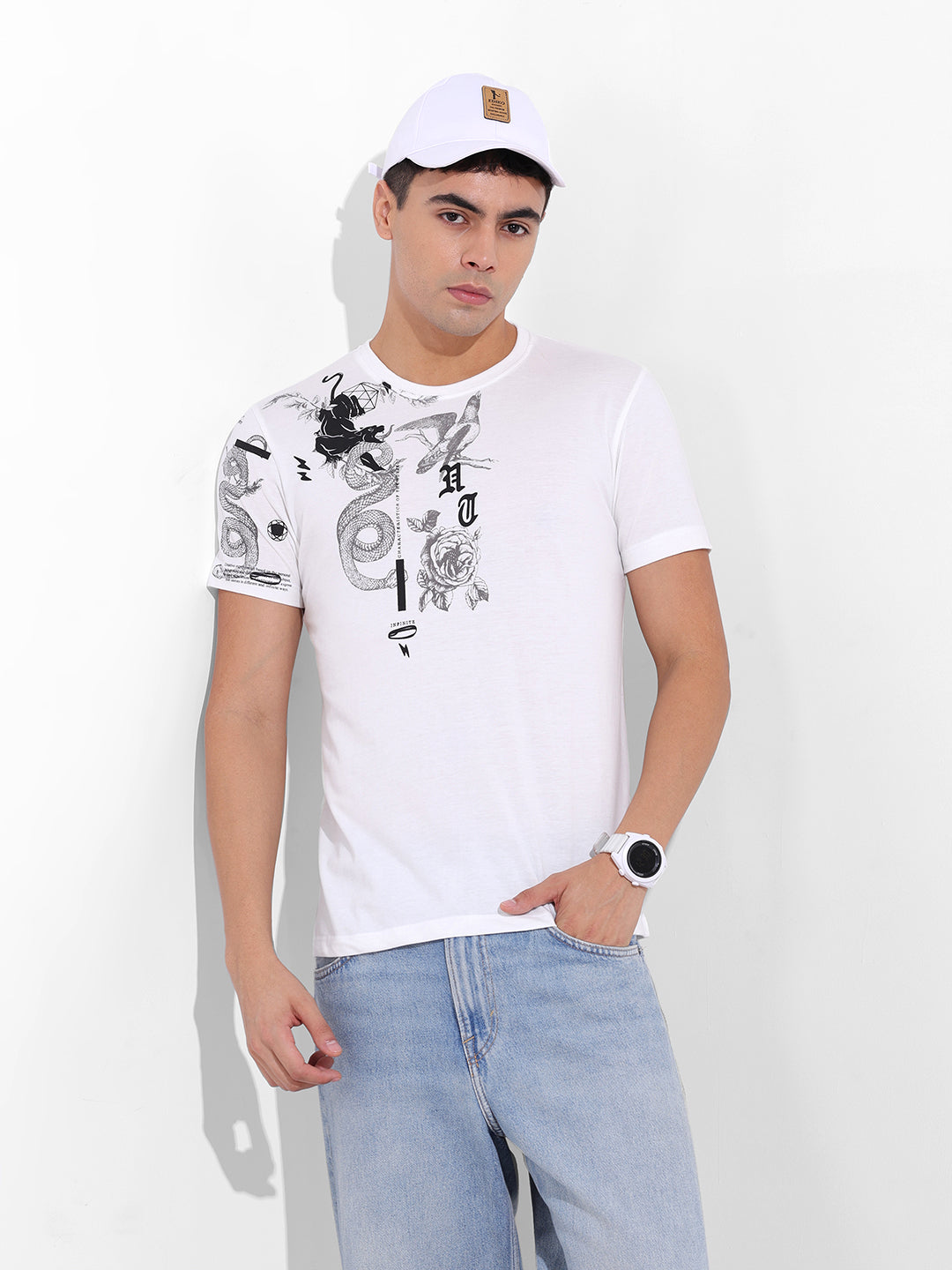 Men's White Slim Fit Placement Print Round Neck T-shirt