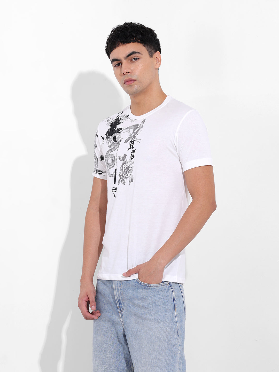 Men's White Slim Fit Placement Print Round Neck T-shirt