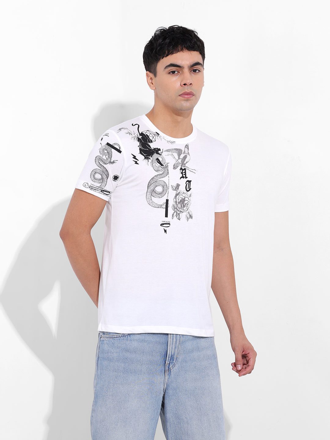 Men's White Slim Fit Placement Print Round Neck T-shirt