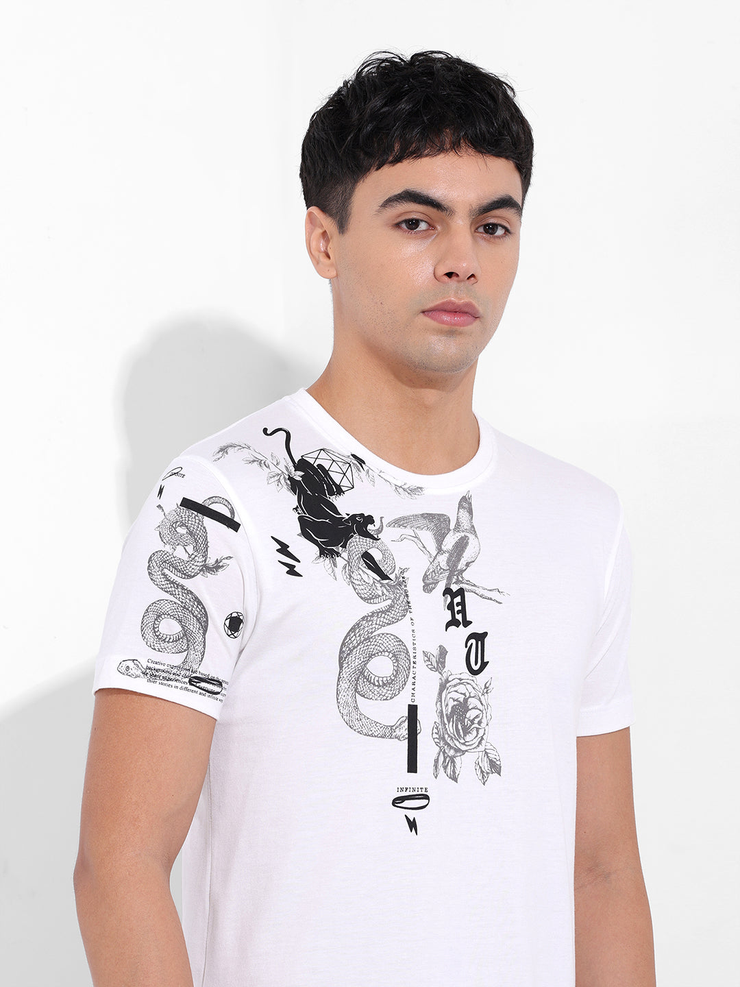 Men's White Slim Fit Placement Print Round Neck T-shirt