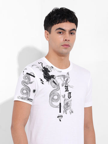 Men's White Slim Fit Placement Print Round Neck T-shirt