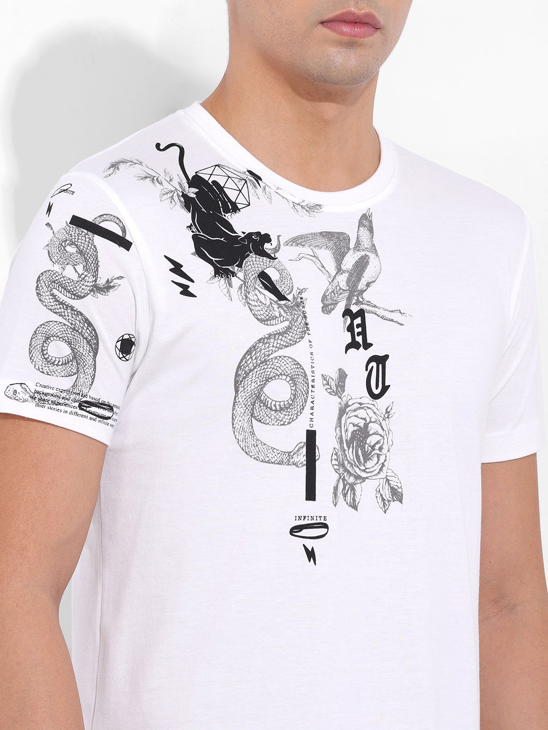 Men's White Slim Fit Placement Print Round Neck T-shirt