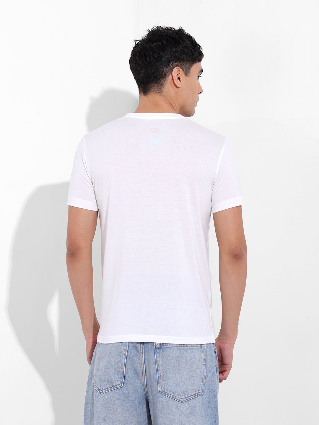 Men's White Slim Fit Placement Print Round Neck T-shirt