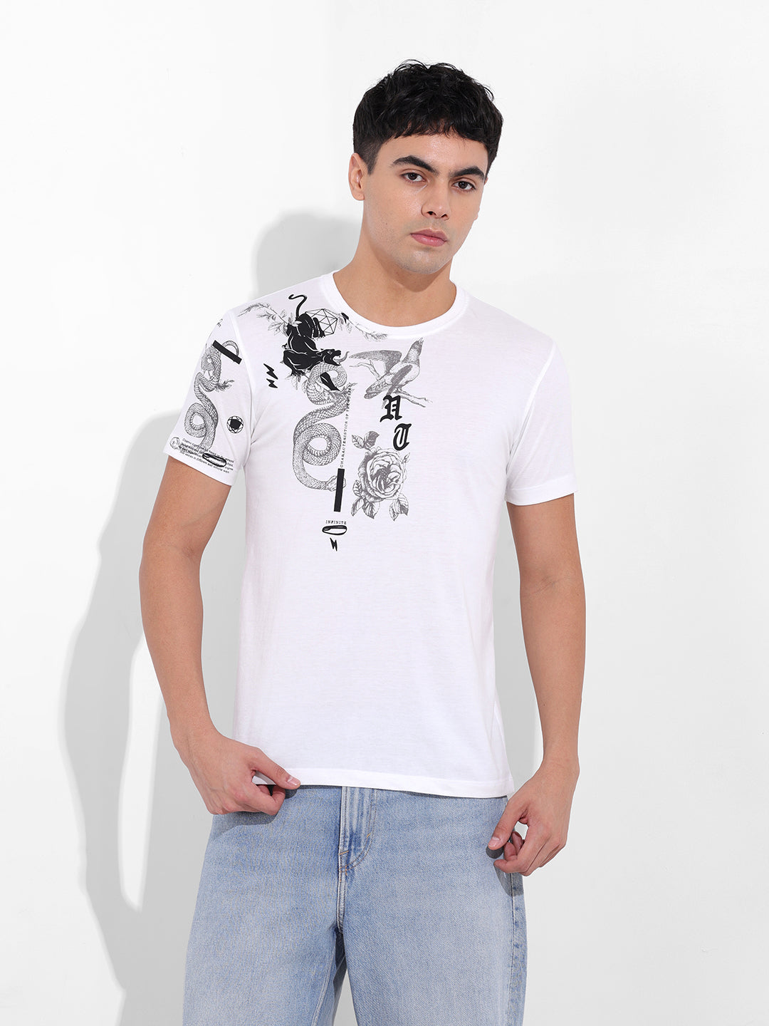 Men's White Slim Fit Placement Print Round Neck T-shirt
