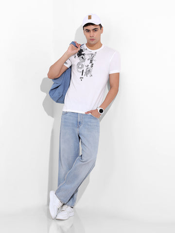 Men's White Slim Fit Placement Print Round Neck T-shirt