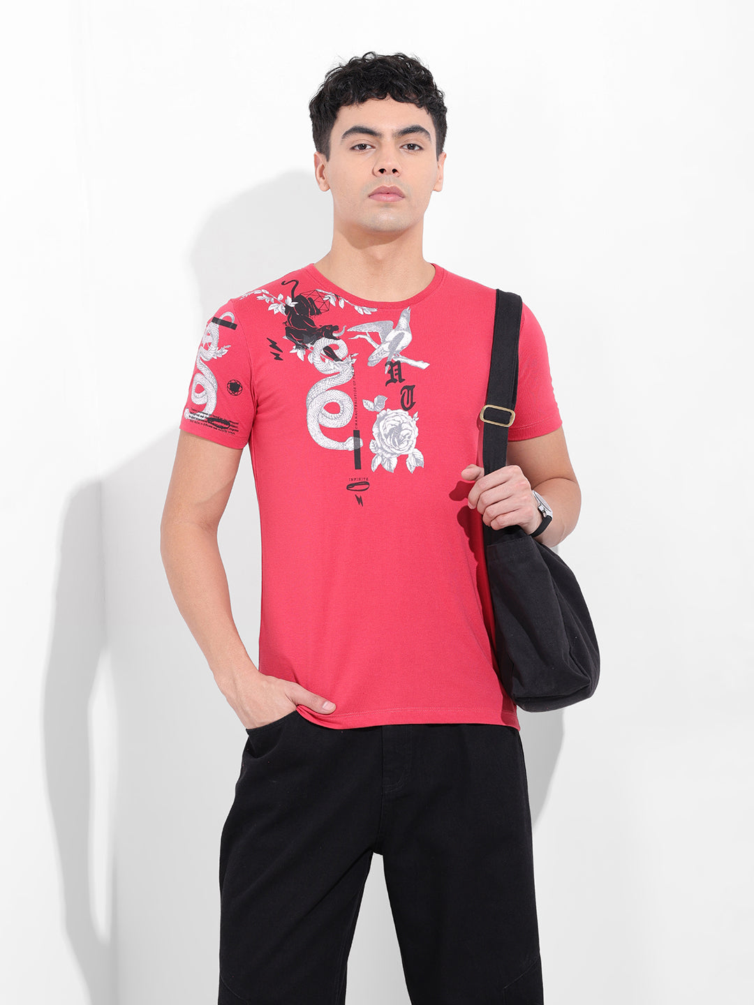 Men's Red Slim Fit Placement Print Round Neck T-shirt