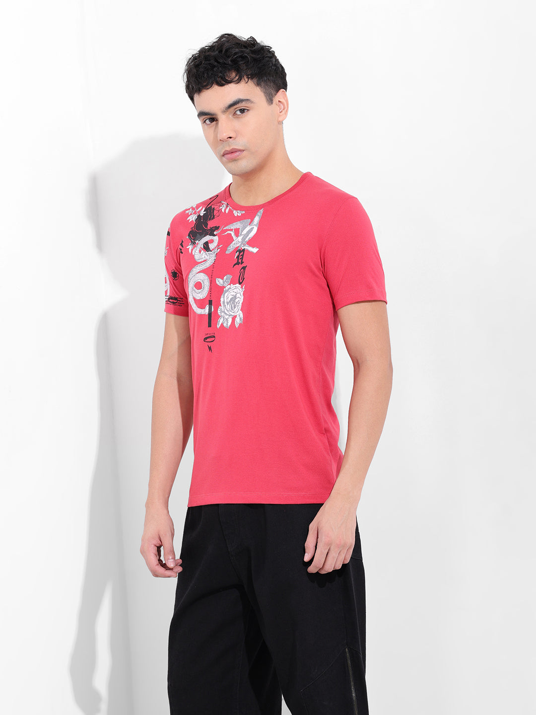 Men's Red Slim Fit Placement Print Round Neck T-shirt