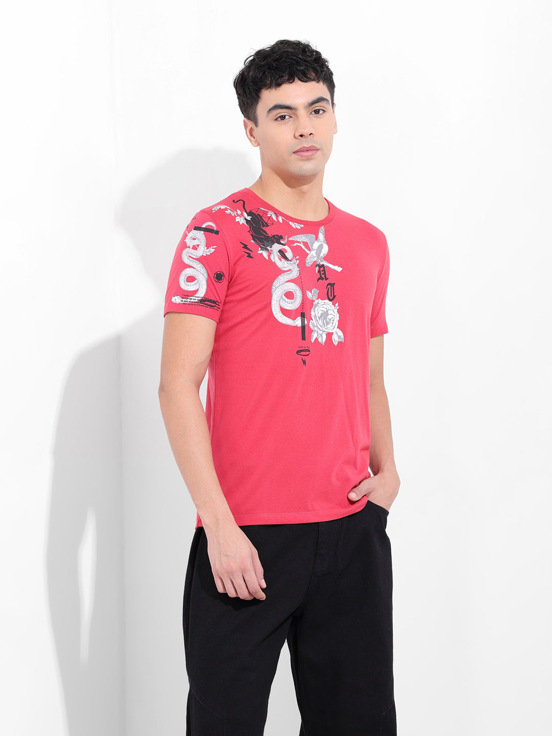 Men's Red Slim Fit Placement Print Round Neck T-shirt