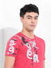Men's Red Slim Fit Placement Print Round Neck T-shirt
