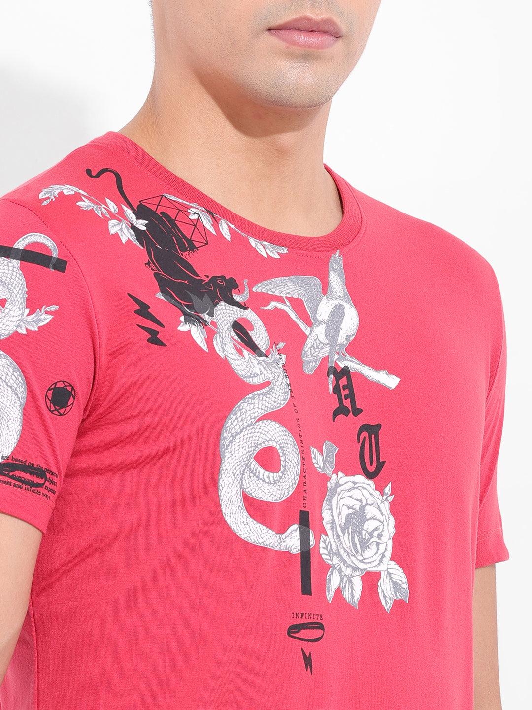 Men's Red Slim Fit Placement Print Round Neck T-shirt