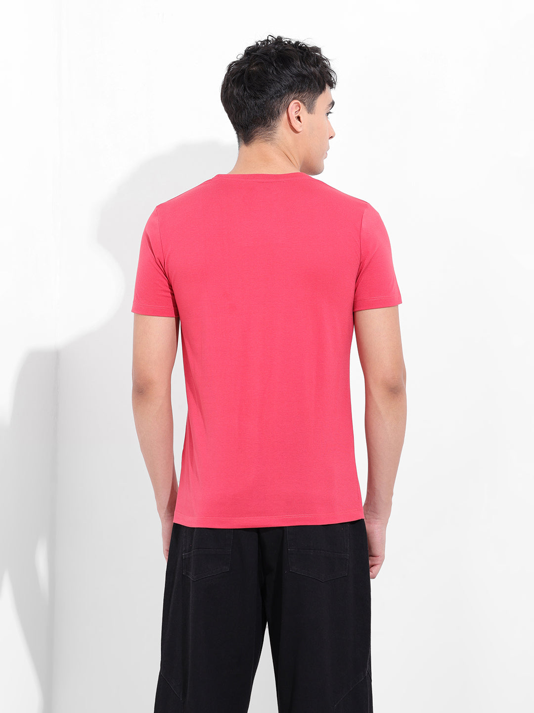 Men's Red Slim Fit Placement Print Round Neck T-shirt