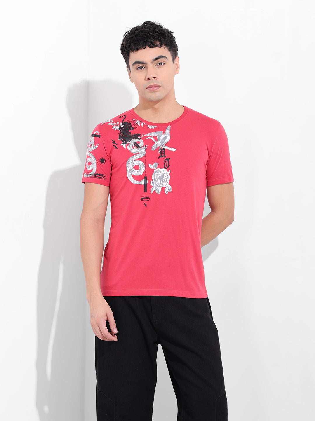 Men's Red Slim Fit Placement Print Round Neck T-shirt