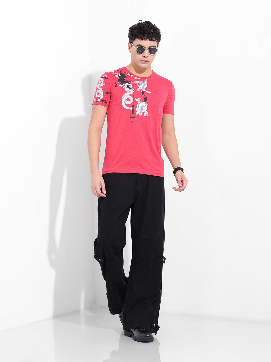 Men's Red Slim Fit Placement Print Round Neck T-shirt