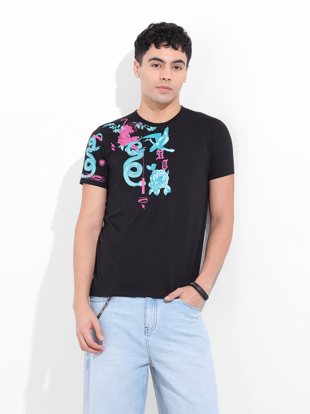 Men's Black Slim Fit Placement Print Round Neck T-shirt