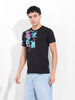 Men's Black Slim Fit Placement Print Round Neck T-shirt
