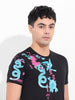 Men's Black Slim Fit Placement Print Round Neck T-shirt