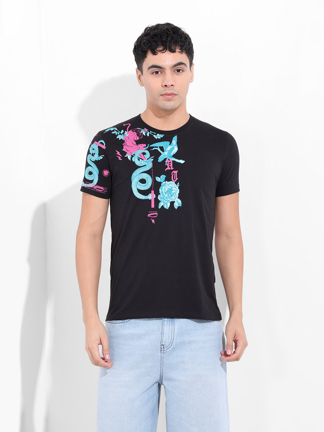 Men's Black Slim Fit Placement Print Round Neck T-shirt
