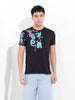 Men's Black Slim Fit Placement Print Round Neck T-shirt