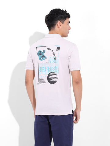 Men's Beige Slim Fit Graphic Back Printed Polo Collar T-shirt