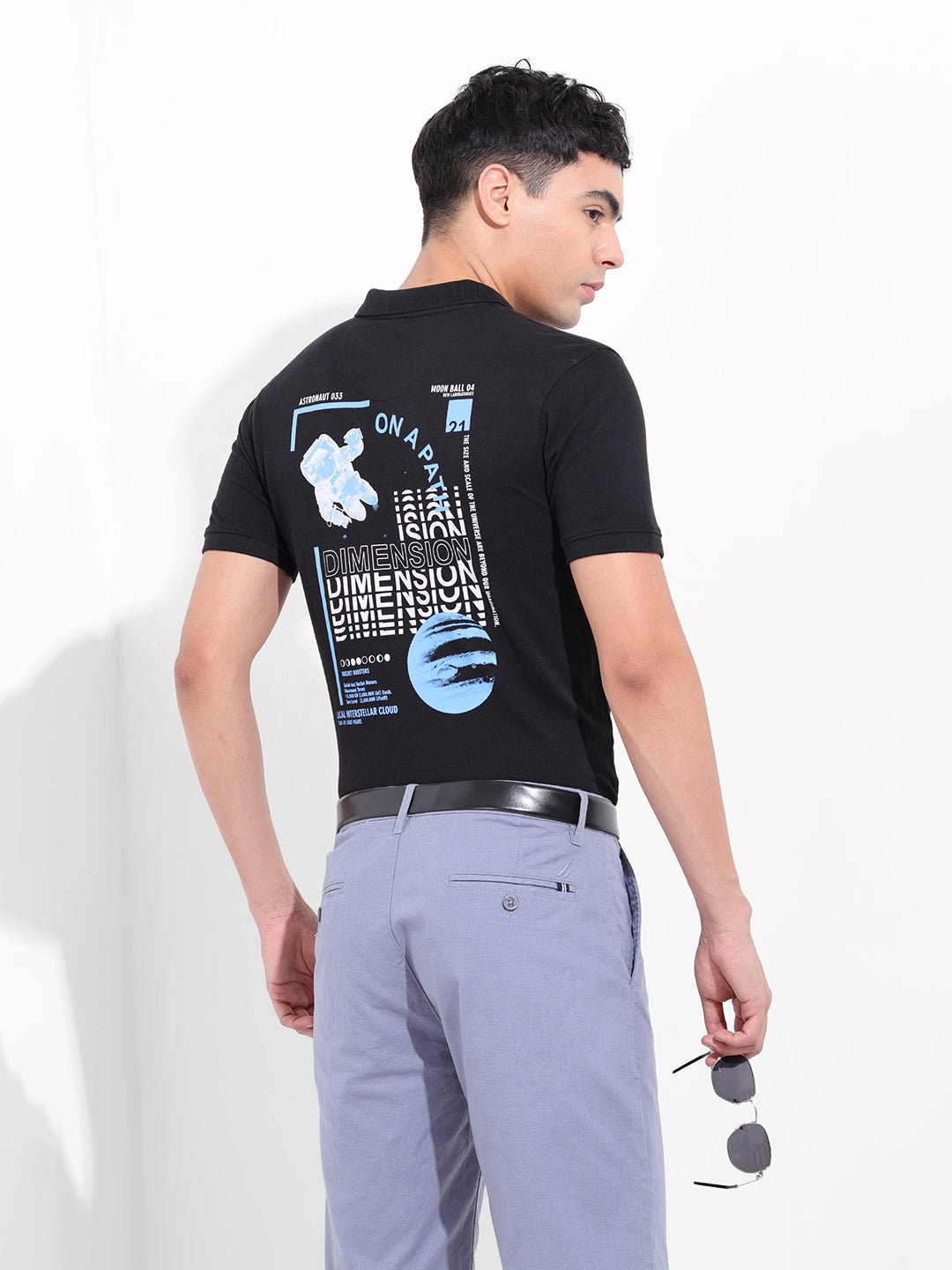 Men's Black Slim Fit Graphic Back Printed Polo Collar T-shirt