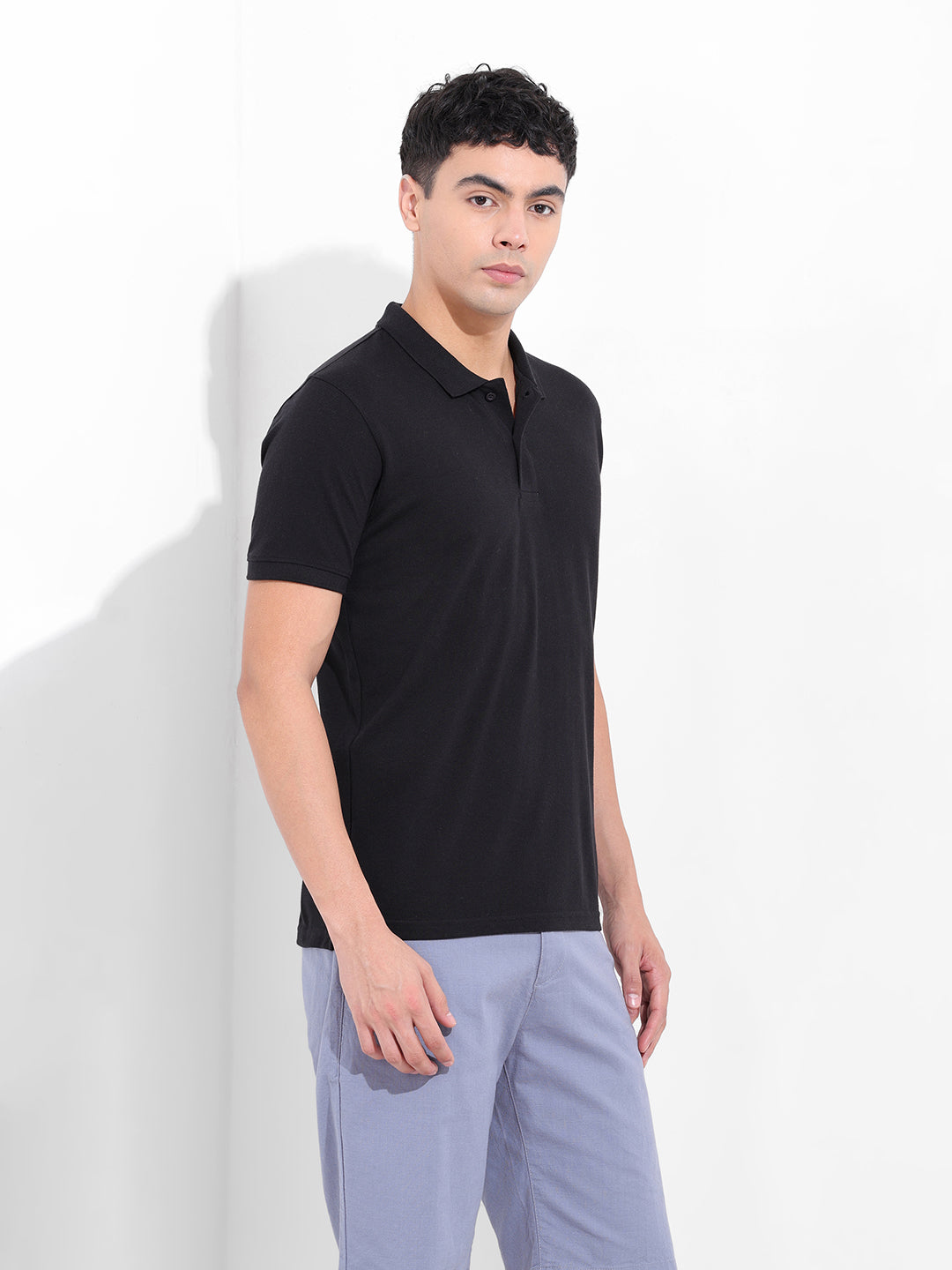 Men's Black Slim Fit Graphic Back Printed Polo Collar T-shirt
