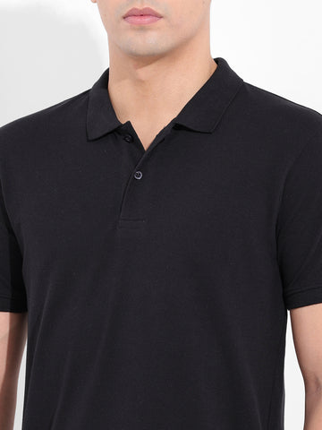 Men's Black Slim Fit Graphic Back Printed Polo Collar T-shirt