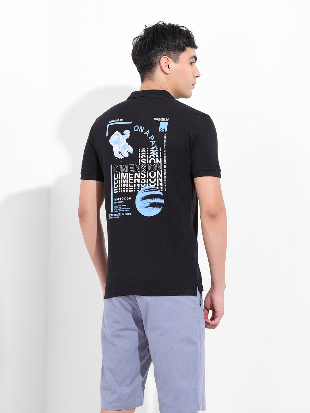Men's Black Slim Fit Graphic Back Printed Polo Collar T-shirt