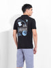 Men's Black Slim Fit Graphic Back Printed Polo Collar T-shirt