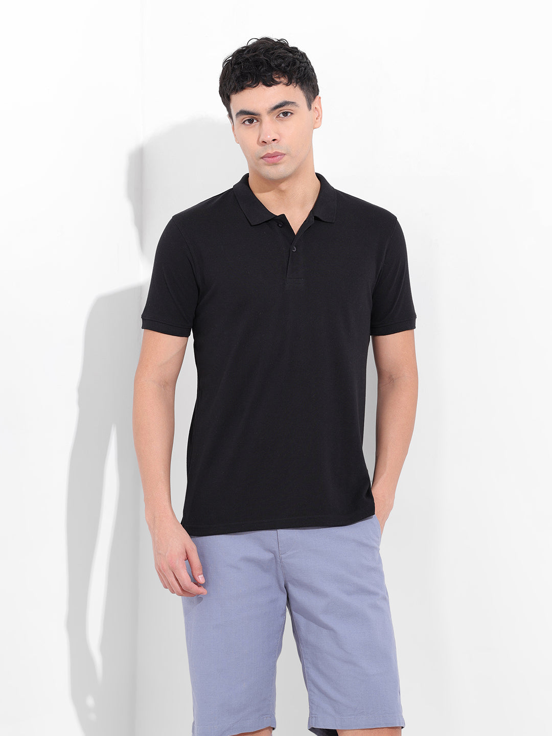 Men's Black Slim Fit Graphic Back Printed Polo Collar T-shirt