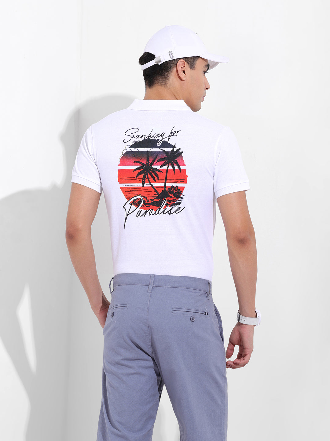 Men's White Slim Fit Graphic Back Printed Polo Collar T-shirt