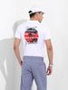 Men's White Slim Fit Graphic Back Printed Polo Collar T-shirt