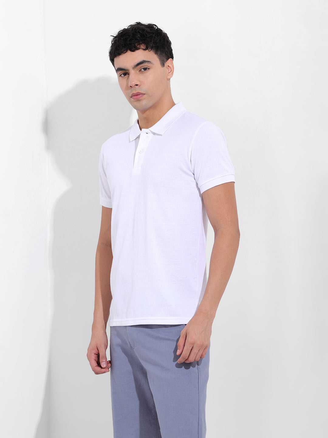 Men's White Slim Fit Graphic Back Printed Polo Collar T-shirt