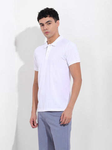 Men's White Slim Fit Graphic Back Printed Polo Collar T-shirt