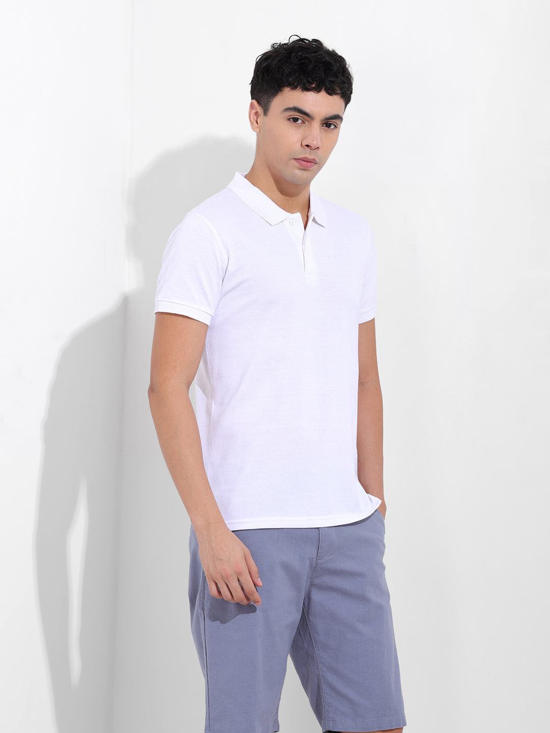 Men's White Slim Fit Graphic Back Printed Polo Collar T-shirt