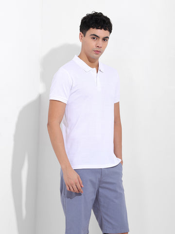 Men's White Slim Fit Graphic Back Printed Polo Collar T-shirt