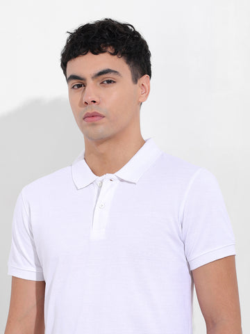 Men's White Slim Fit Graphic Back Printed Polo Collar T-shirt