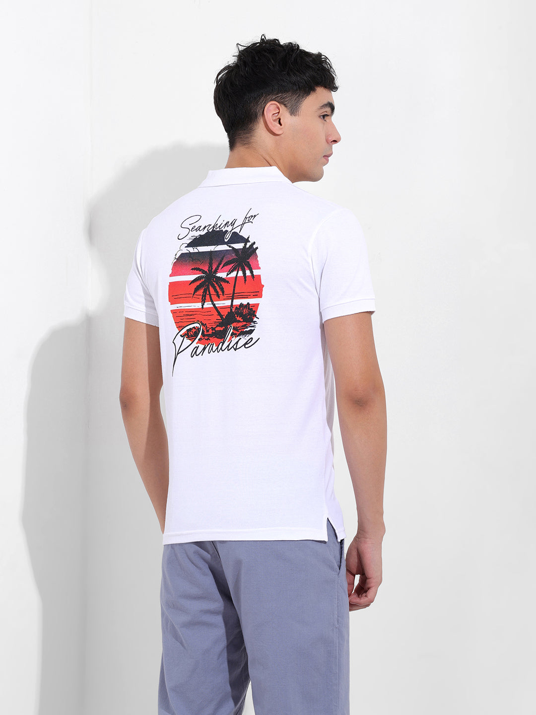 Men's White Slim Fit Graphic Back Printed Polo Collar T-shirt