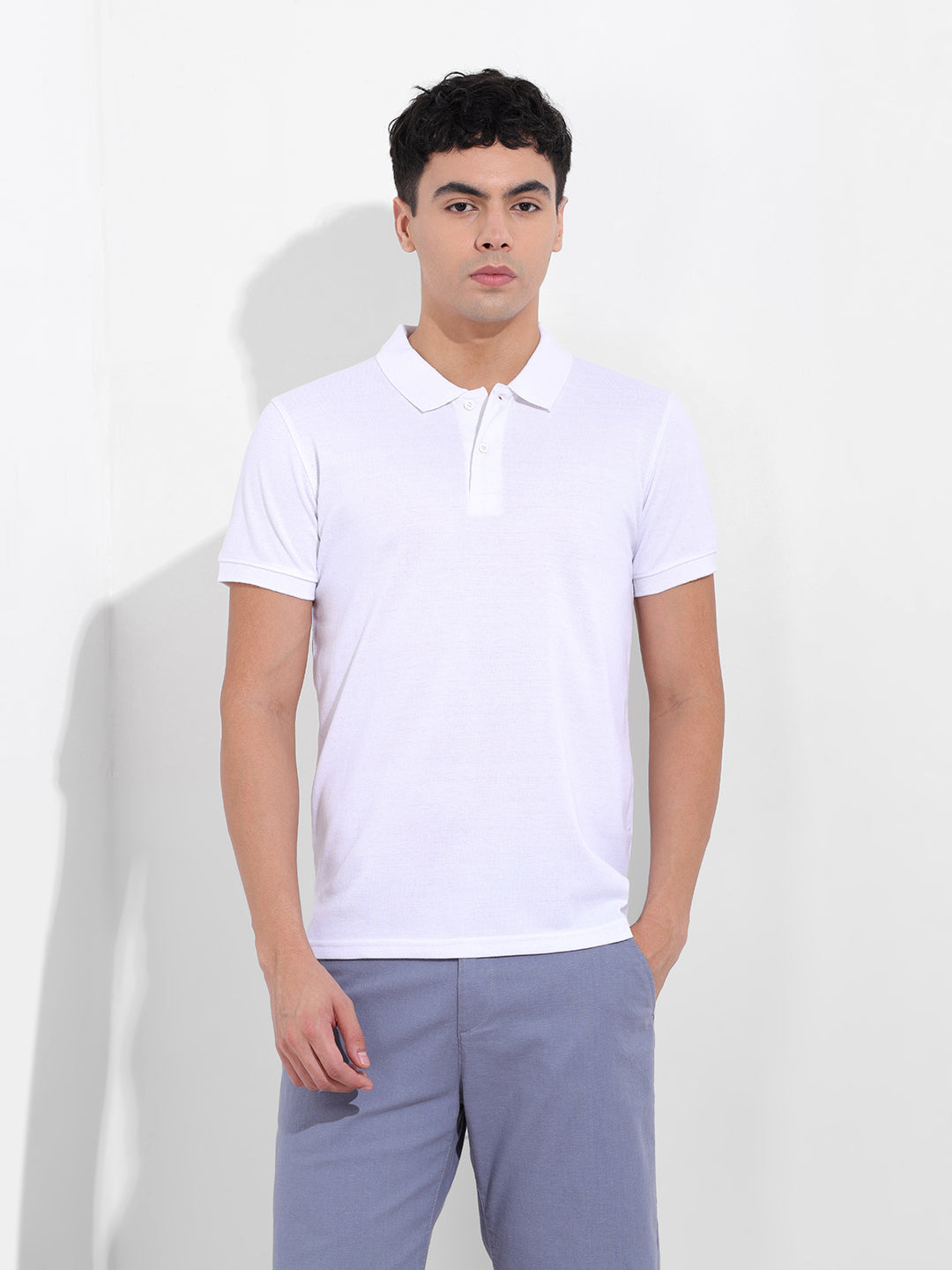 Men's White Slim Fit Graphic Back Printed Polo Collar T-shirt