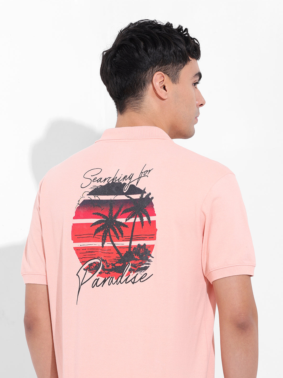 Men's Pink Slim Fit Graphic Back Printed Polo Collar T-shirt