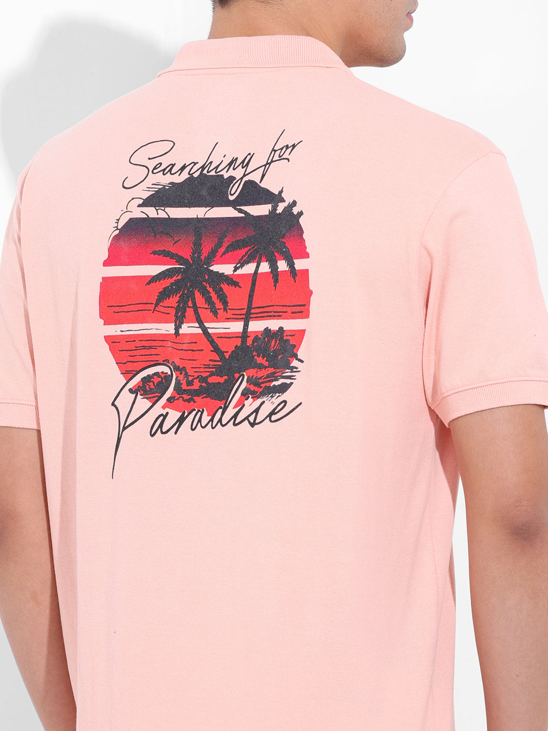 Men's Pink Slim Fit Graphic Back Printed Polo Collar T-shirt